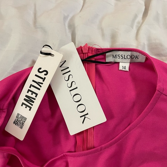 Misslook Pink Midi Dress Size knit spandex bell floral beaded sleeves size 14 - Picture 11 of 16